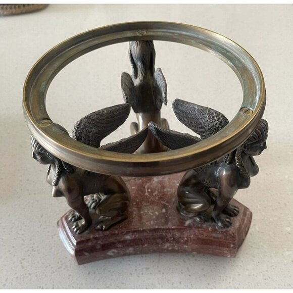 Winged Sphinx Egyptian Bronze Brass Statue Rare Marble Candle Holder Sculpture - Picture 12 of 16